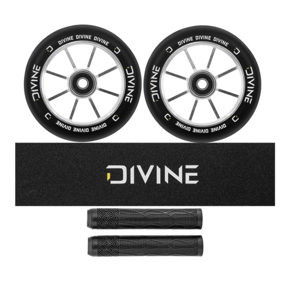 Juego de 2 ruedas Divine 120 mm Spoked plateadas + lija Divine + puños Divine